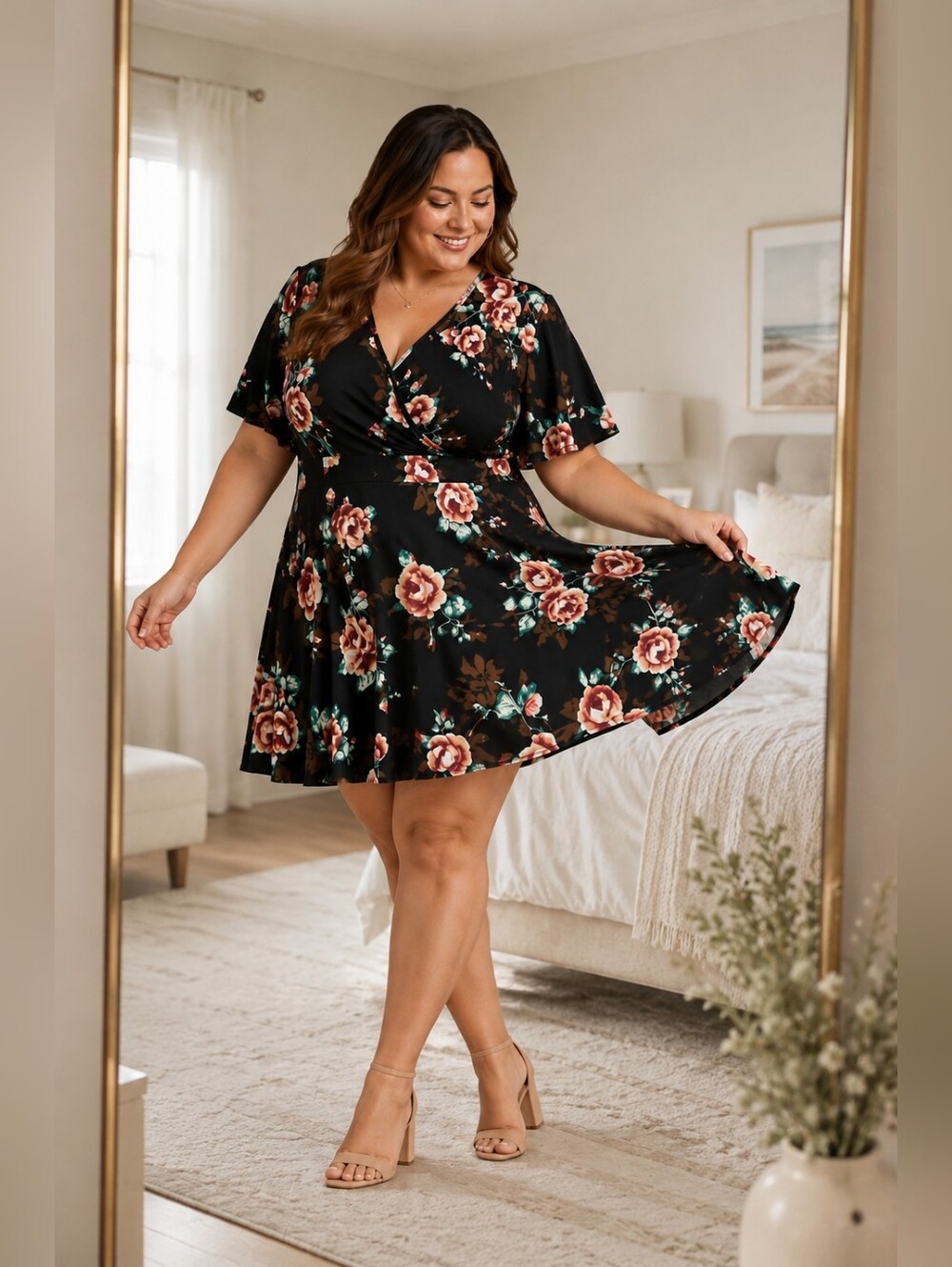 Ahlaray Black Floral Wrap Dress 2X Flutter Sleeve Fit & Flare Plus Size